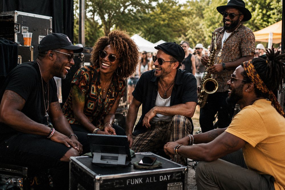 Un groupe de musiciens complices en backstage de festival